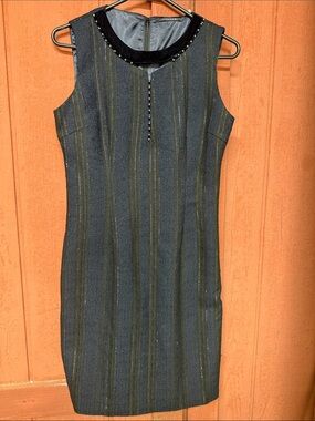 T Tahari Navy Blue and  Black Striped Sleeveless Midi Dress with Velvet Collar